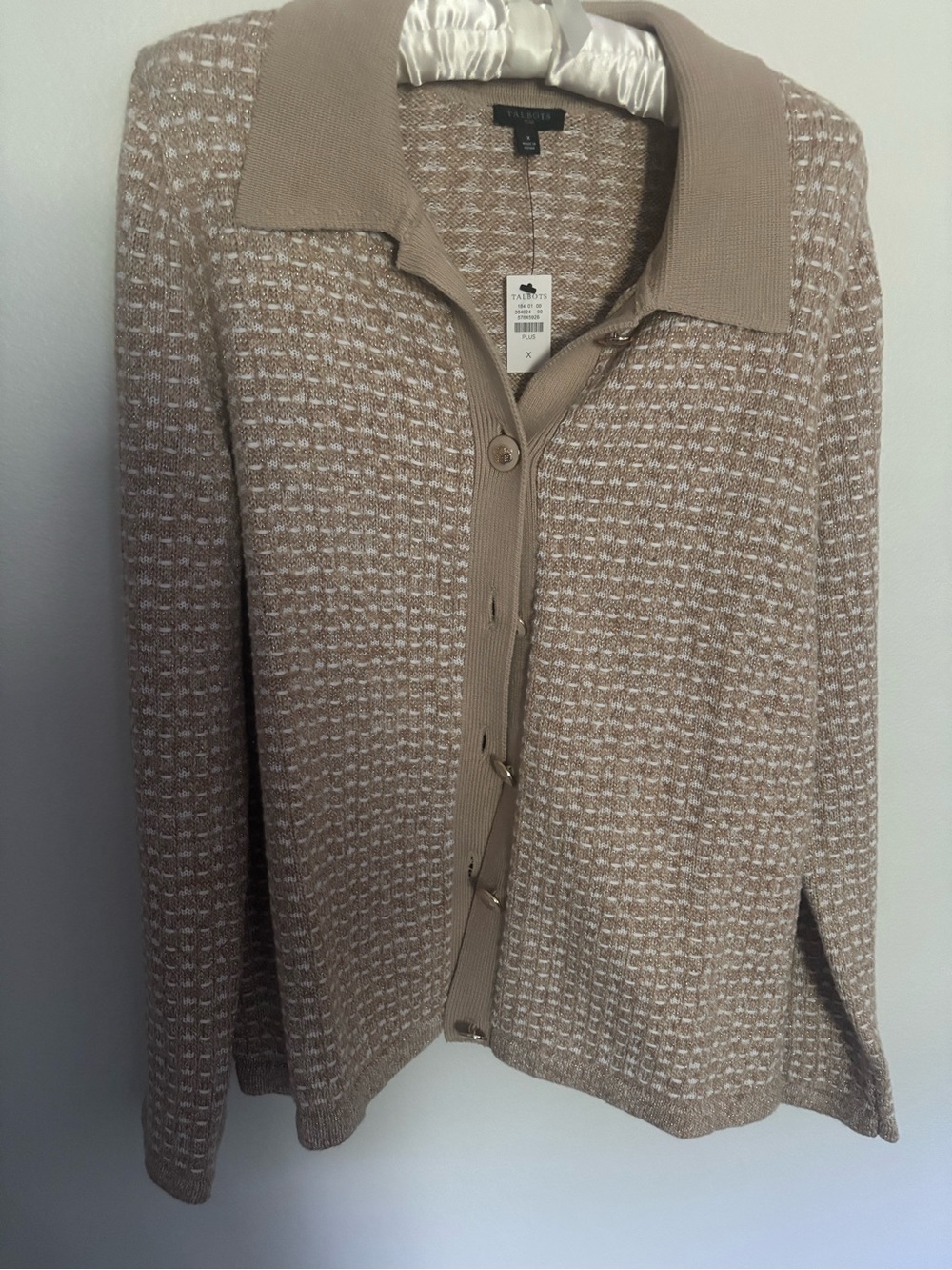 Talbots Taupe and Cream Polo Collar Knit Cardigan - never worn